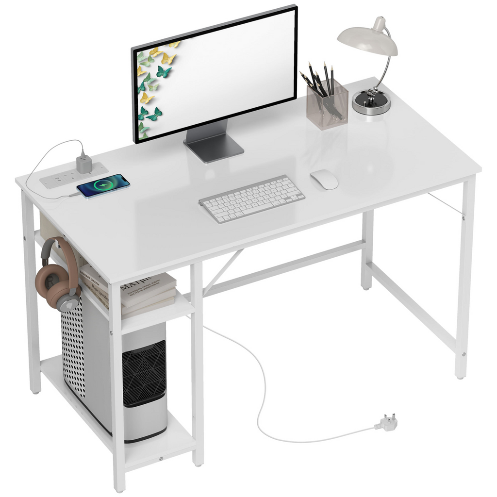 Home Office Desk with Power Outlets & Reversible Shelves (White) - 120×60 cm