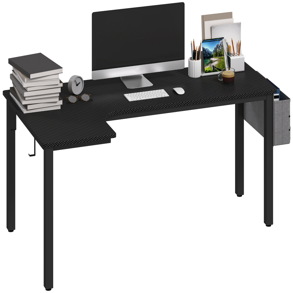 L‑Shaped Corner Desk with Storage Bag & Hooks  (Black) – 145×81 cm