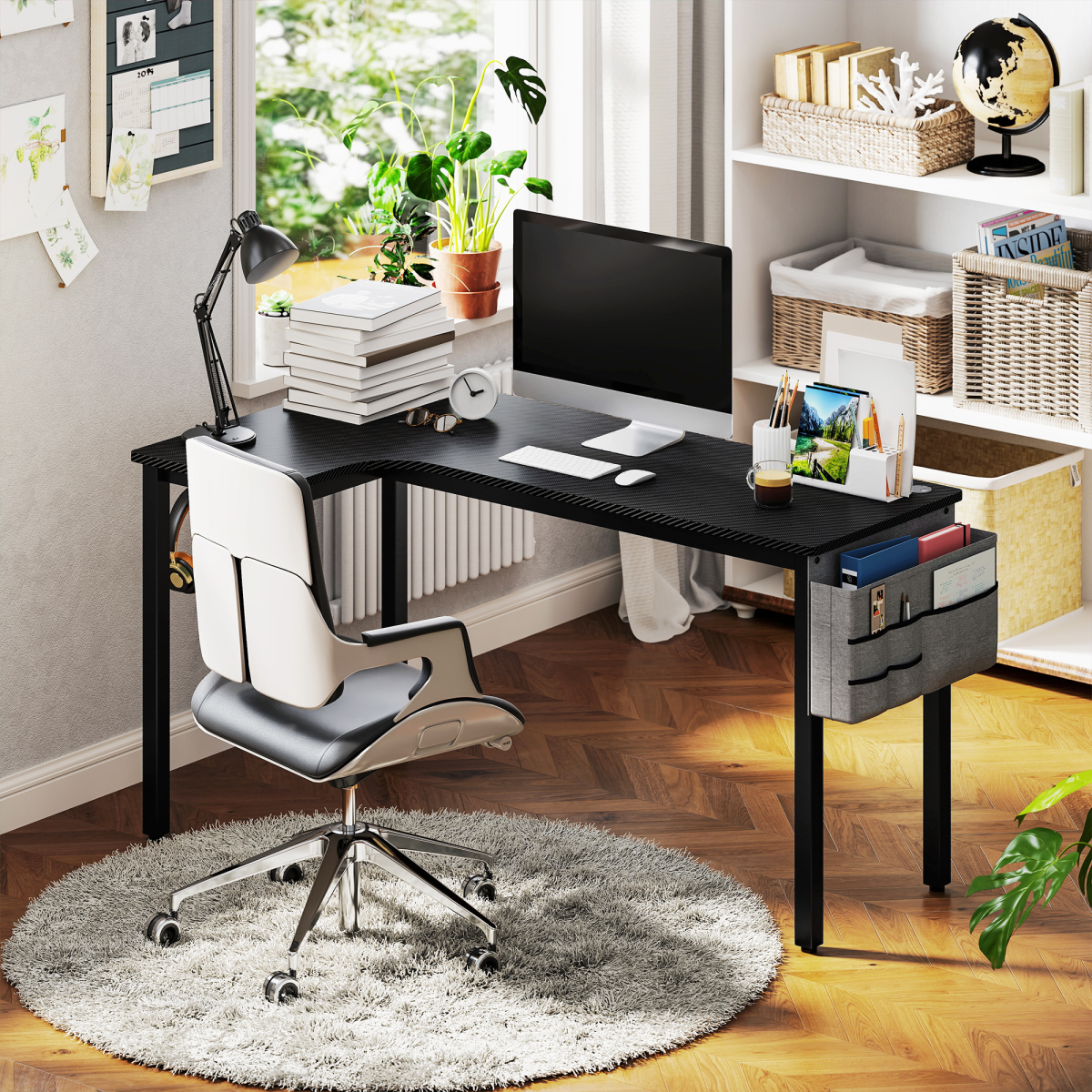 L‑Shaped Corner Desk with Storage Bag & Hooks  (Black) – 145×81 cm