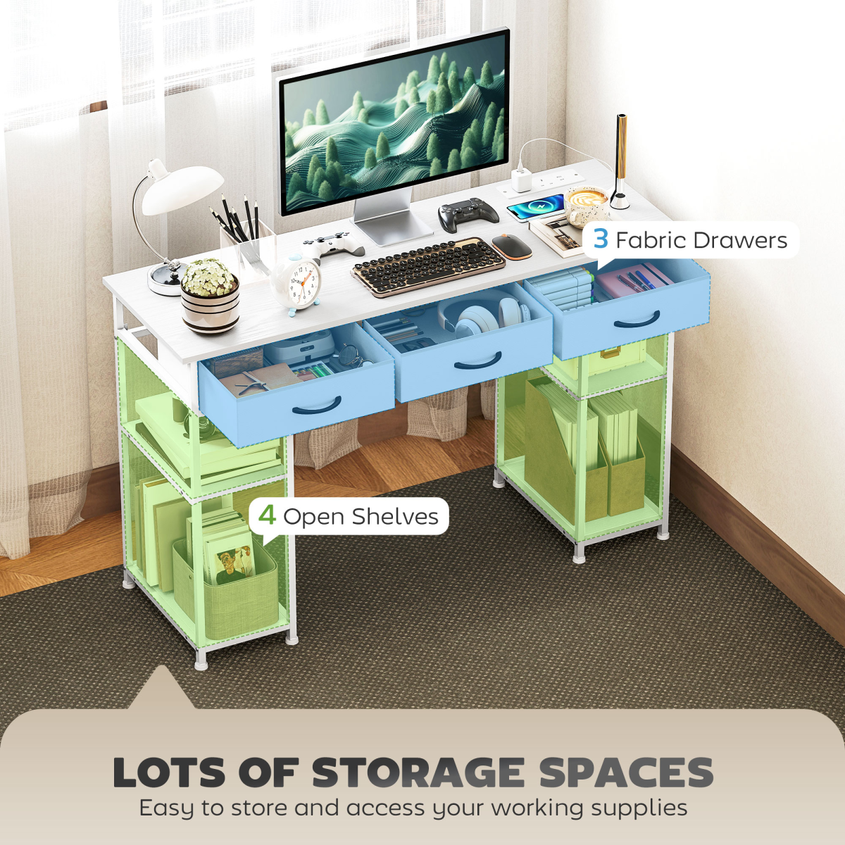 Workstation Desk with Power Outlets & Fabric Drawers (White) - 120×40 cm