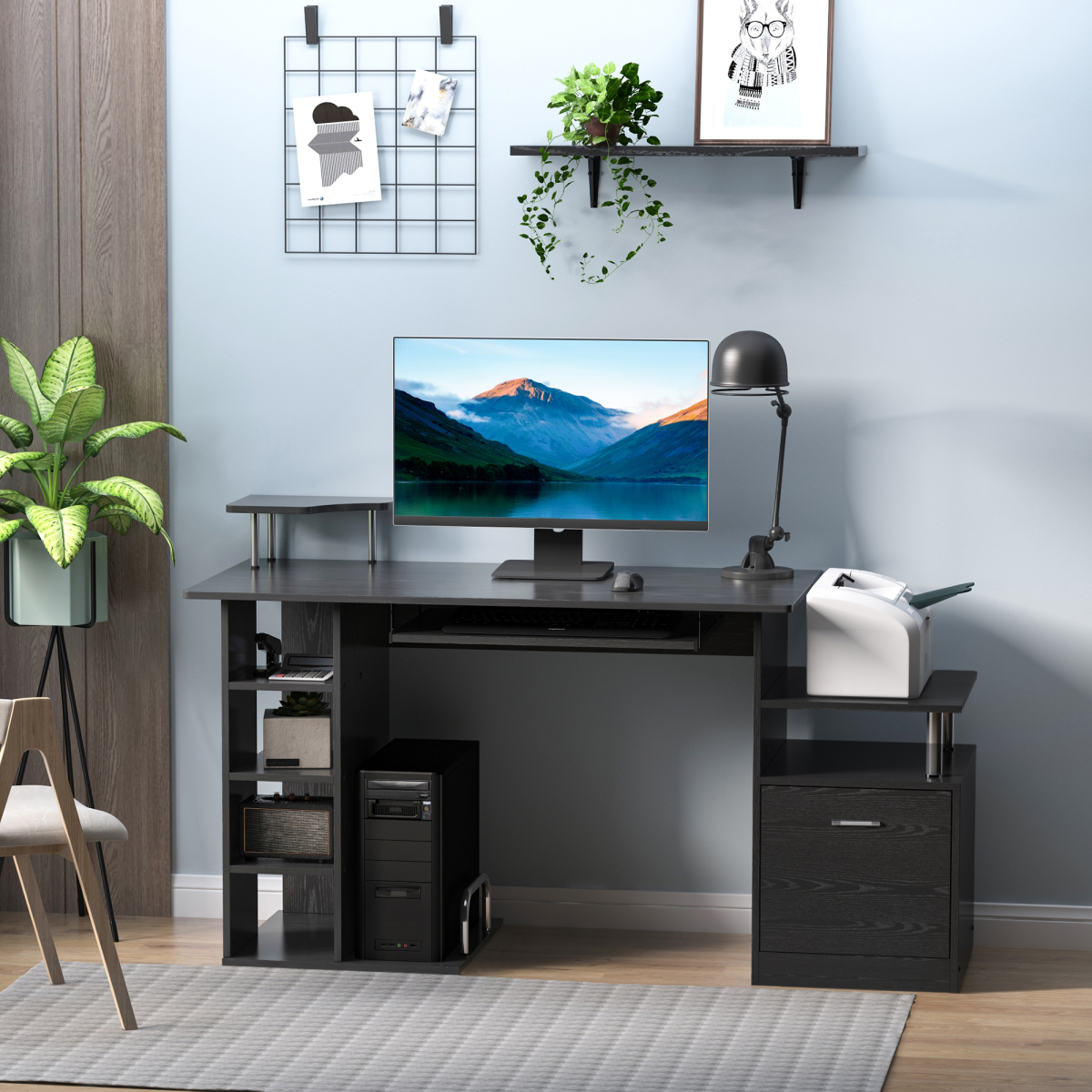 Wood Computer Desk with Drawer, Keyboard Tray & Storage Shelves – Home Office Workstation