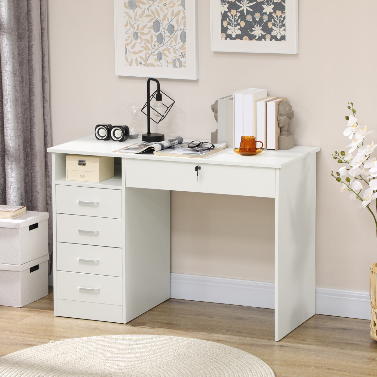 Writing Desk with Five Drawers (White) – 110×50×76 cm