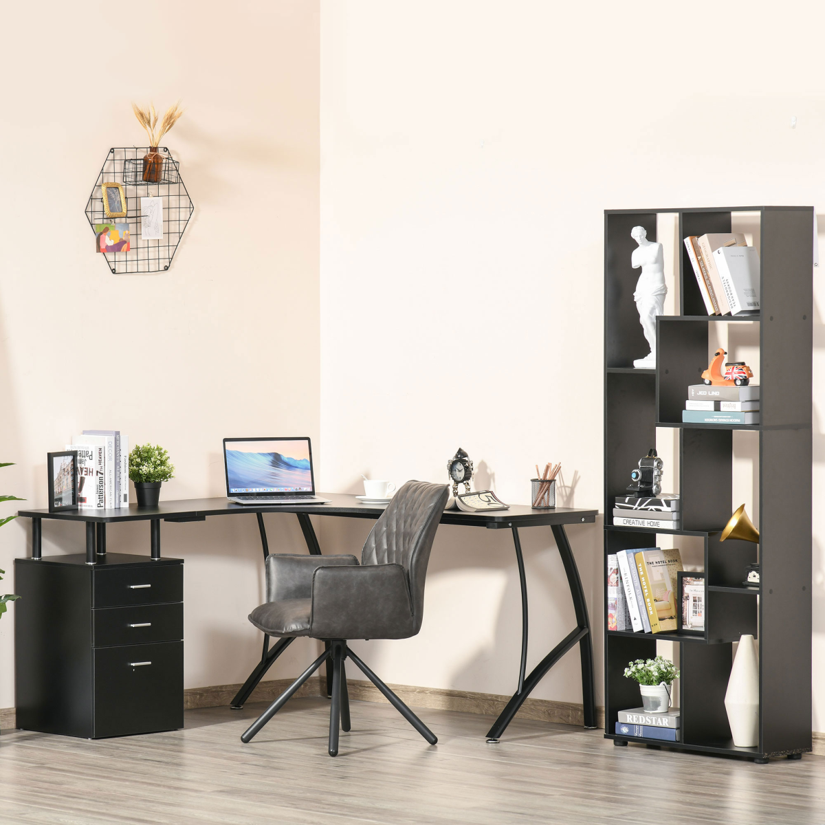 L‑Shaped Corner Computer Desk with 3‑Drawer Storage (Black)- 143.5 cm