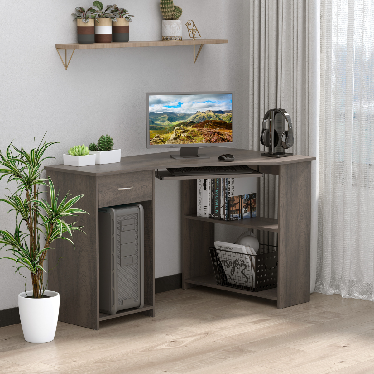 L-Shaped Corner Computer Desk with Storage Shelves & Keyboard Tray – Grey