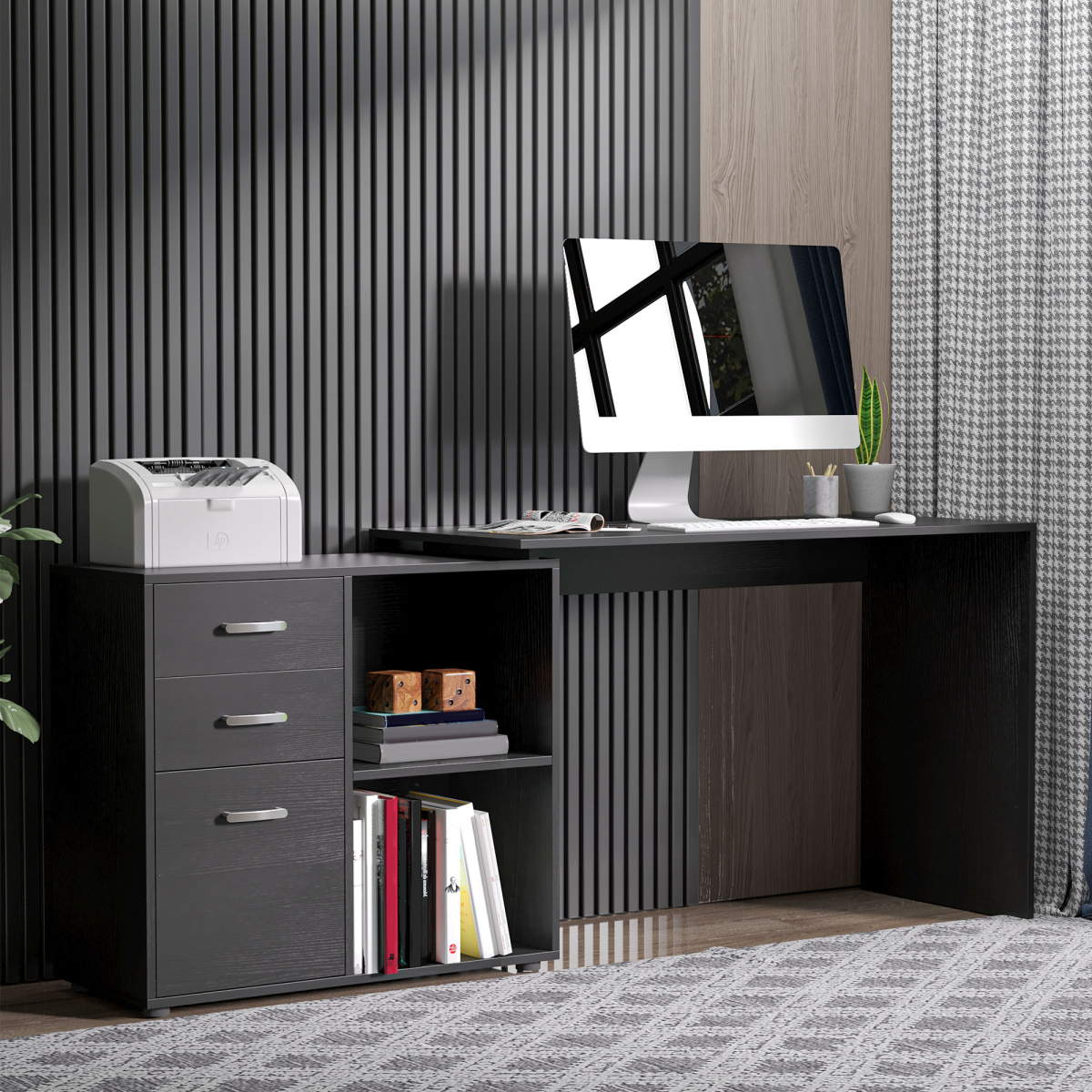 Convertible Workstation Desk with Drawer & Shelf (Black) - 162 x 50 cm