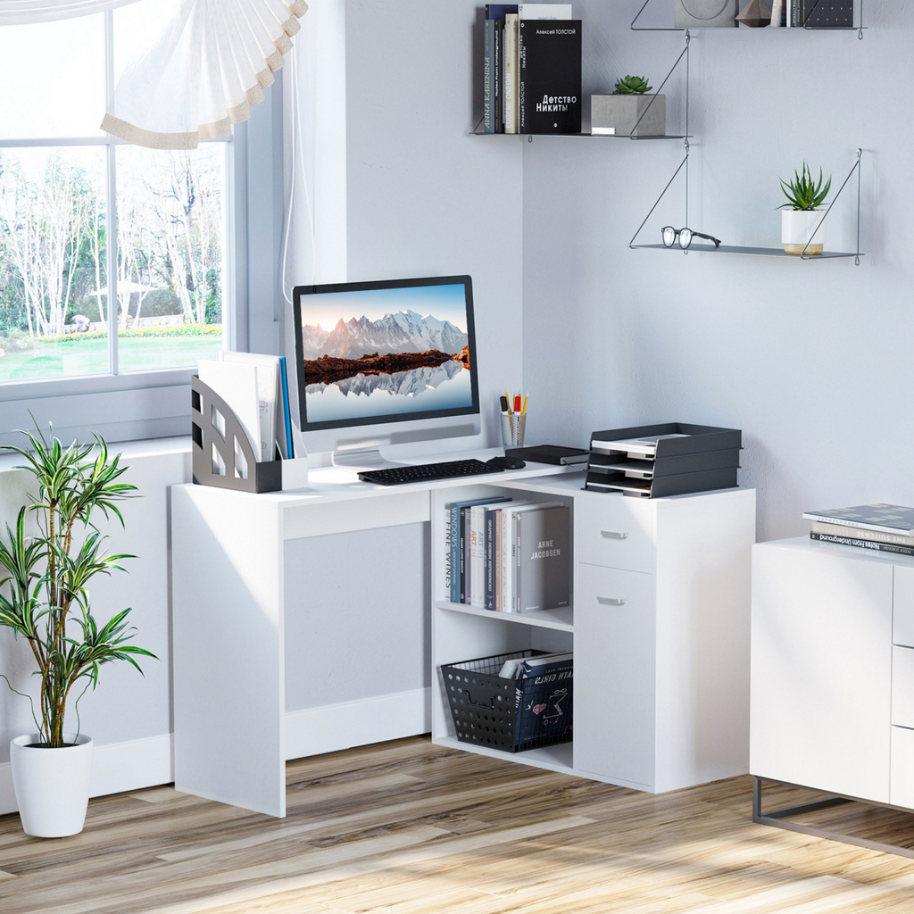Functional L-Shaped Computer Desk with Storage Drawers – White