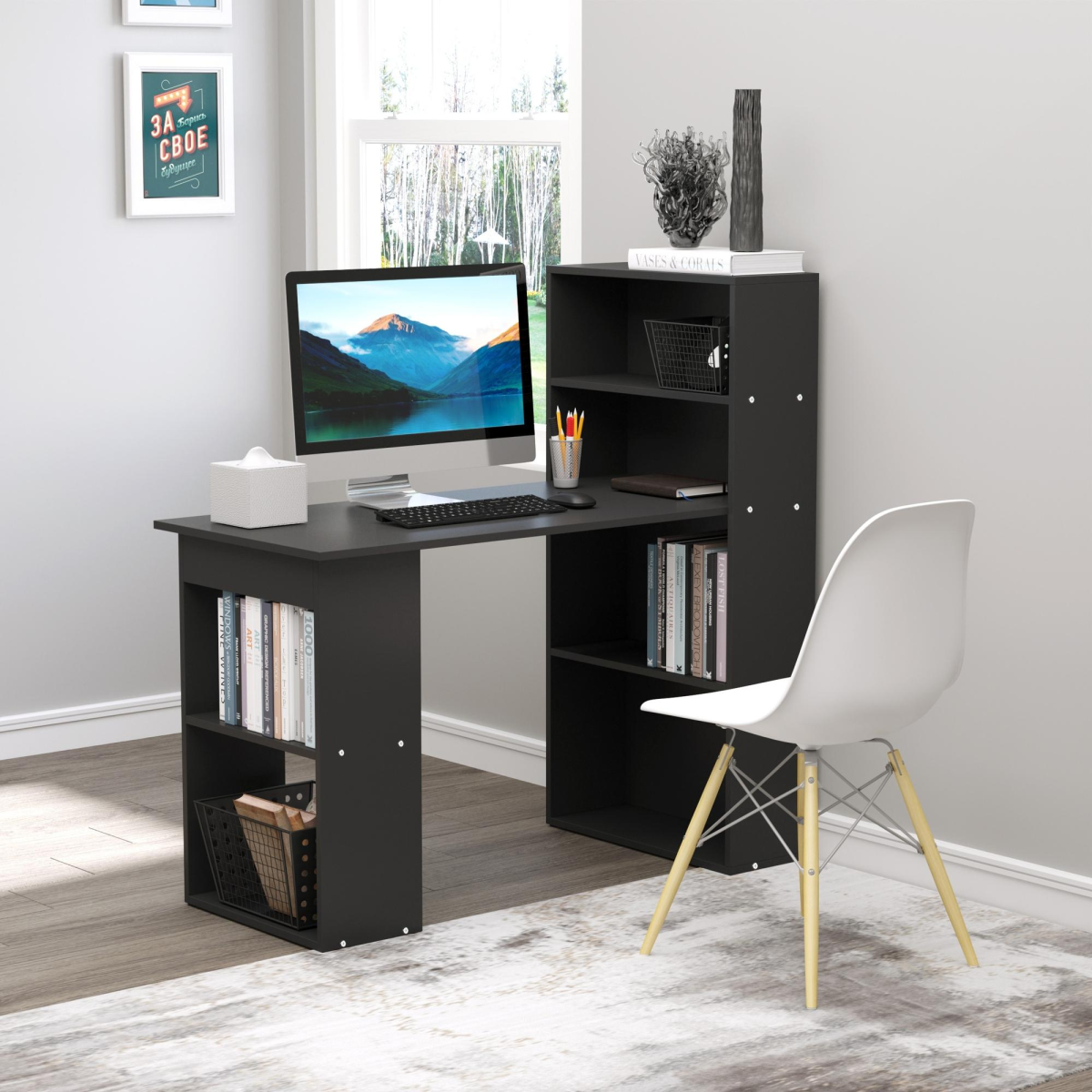 Computer Desk with 6‑Tier Storage Shelves (Black) - 120 cm