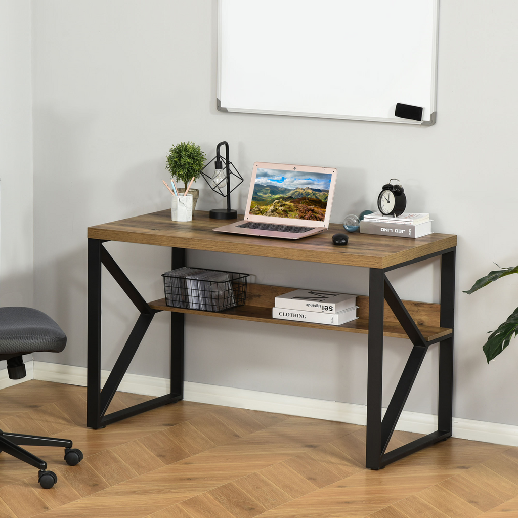 Computer Writing Desk with Storage Shelf & K-Shaped Steel Frame – Oak Effect