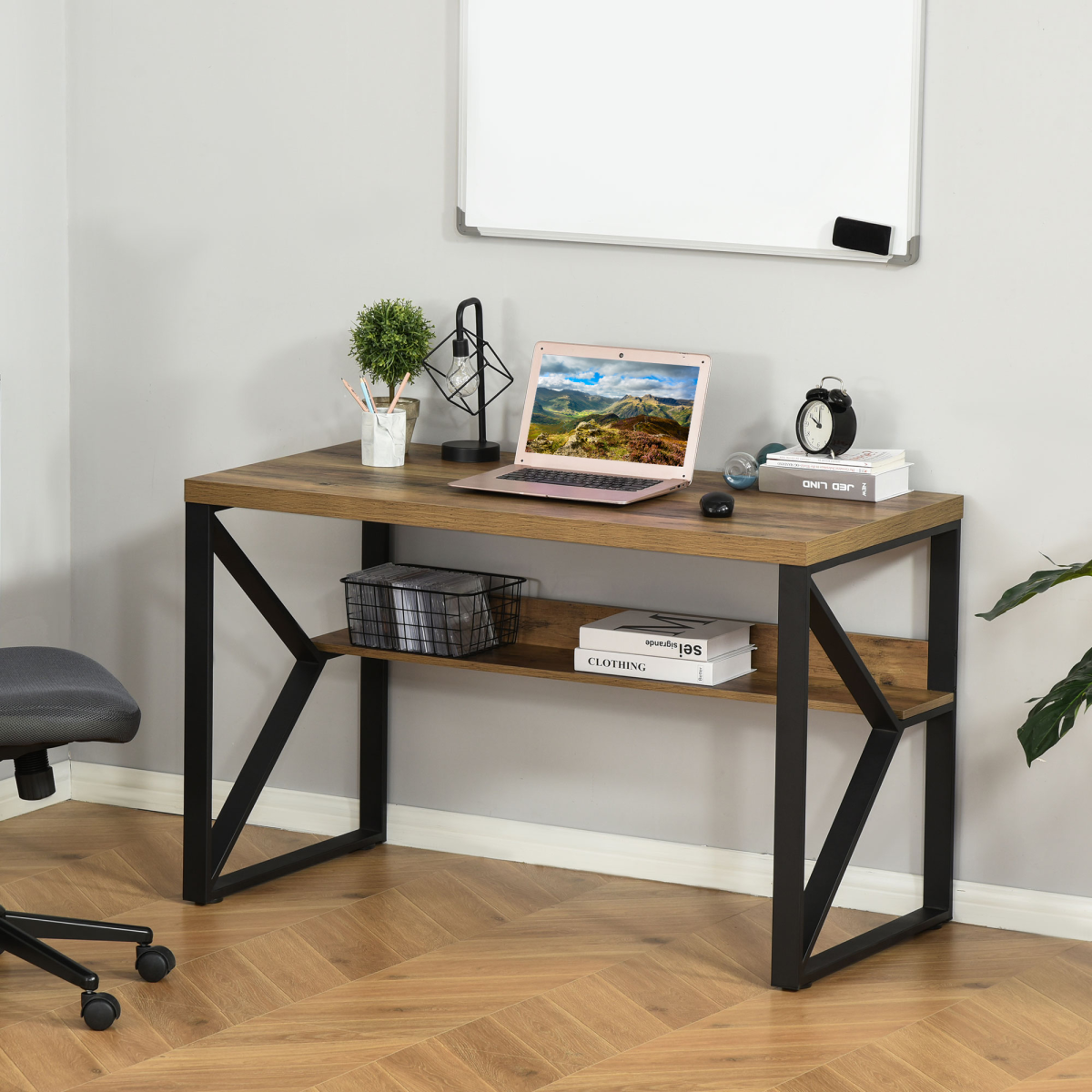 K‑Shaped Steel Computer Writing Desk with Storage Shelf (Brown) – 120 cm