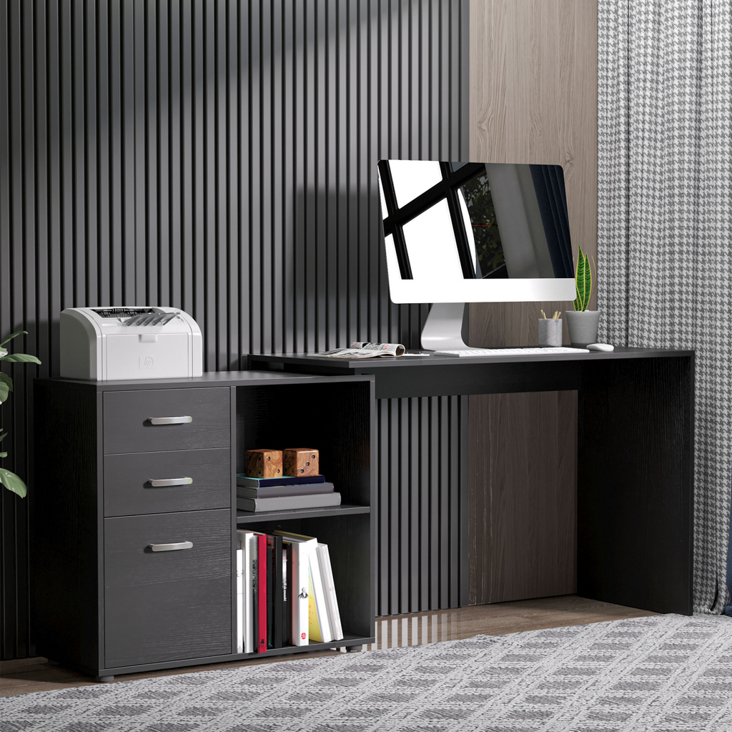 L-Shaped Computer Desk with Drawer, Shelf & File Cabinet – Black