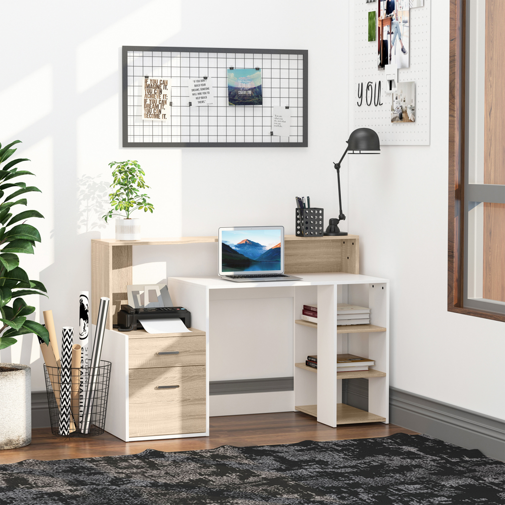 Multi‑Storage Workstation Desk with Shelves & Drawers (Oak) – 137×55 cm
