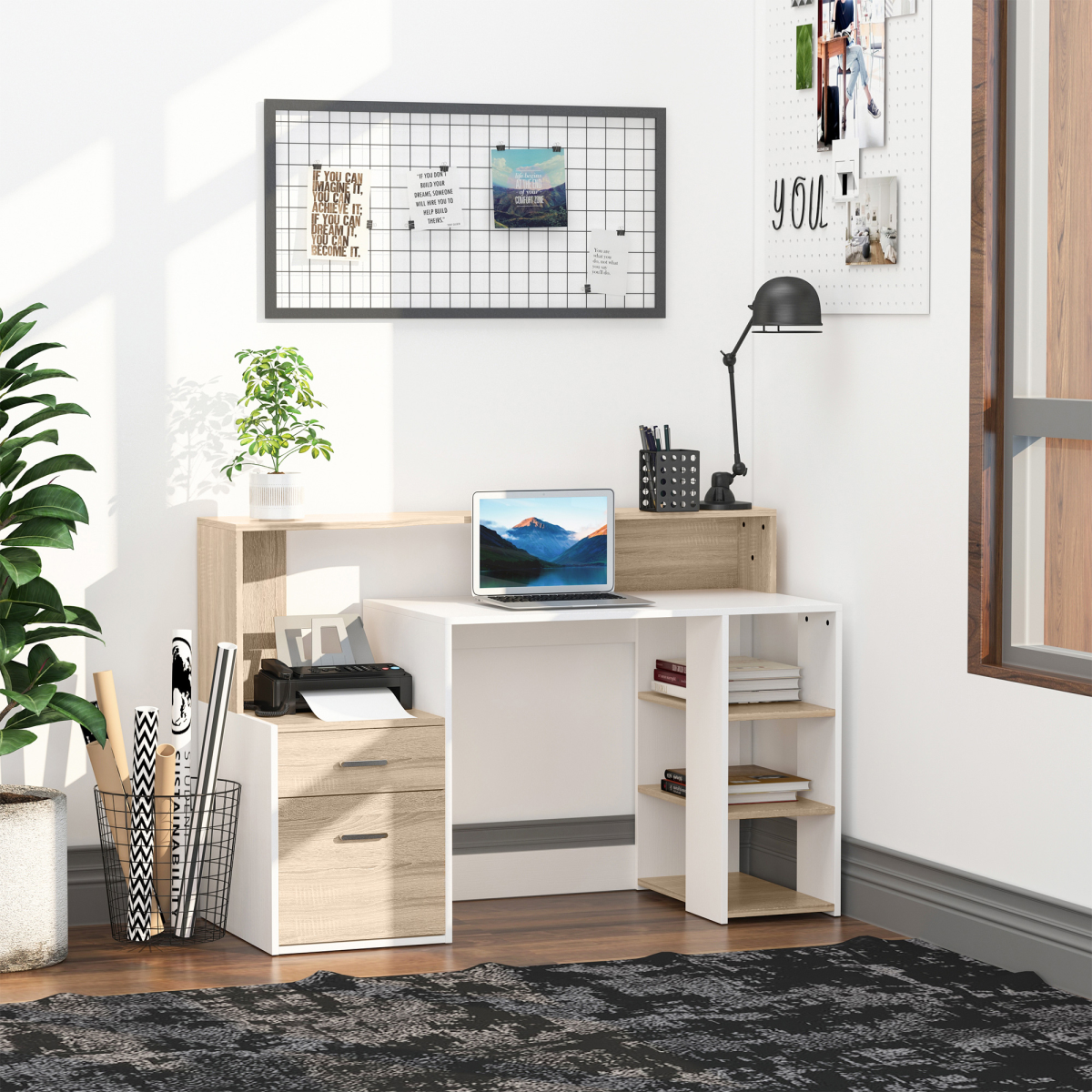 Multi‑Storage Workstation Desk with Shelves & Drawers (Oak) – 137×55 cm