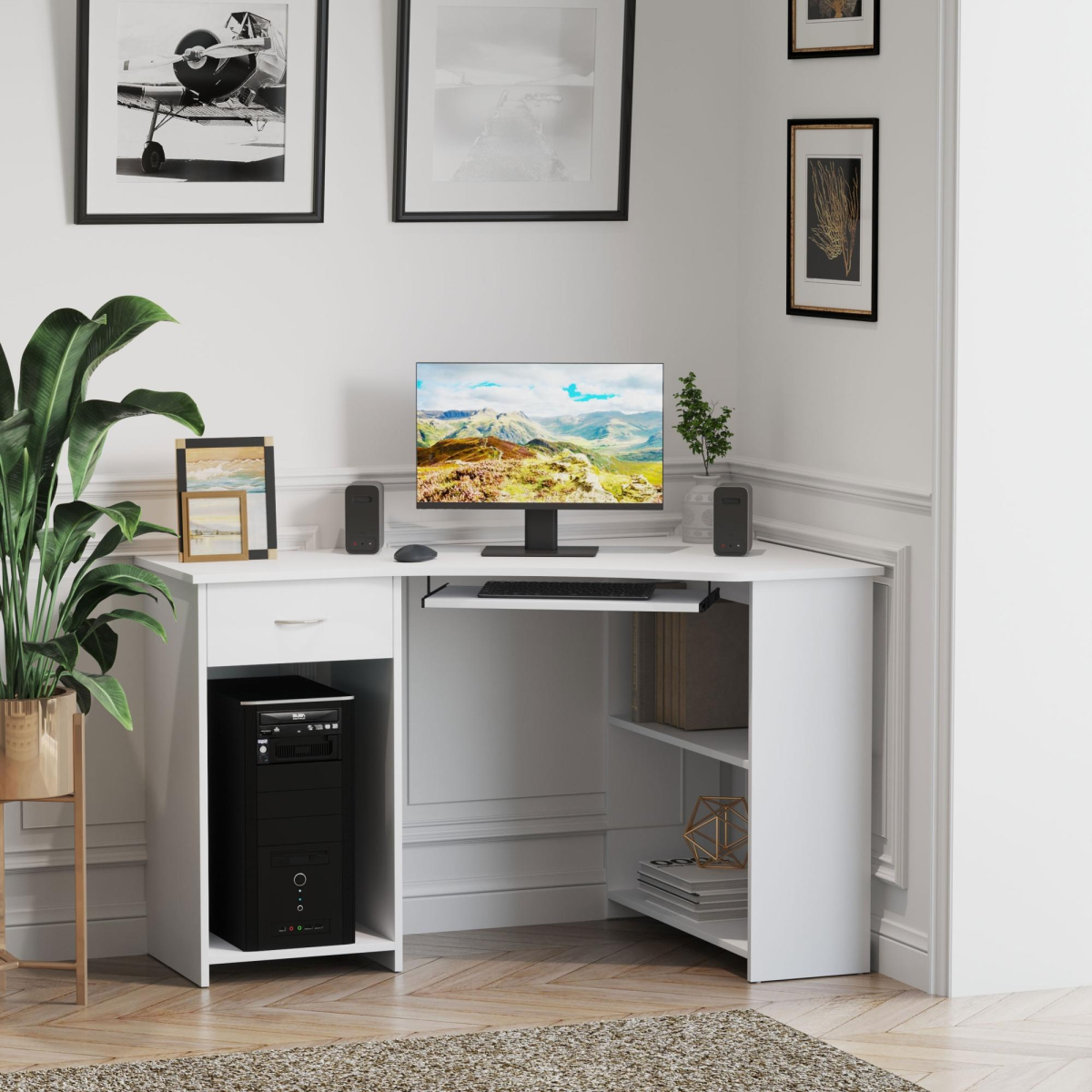 L-Shaped Corner Computer Desk with Shelves, Drawer & Keyboard Tray – White
