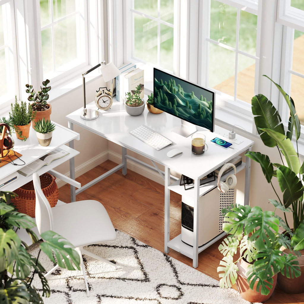 Home Office Desk with Power Outlets & Reversible Shelves (White) - 120×60 cm