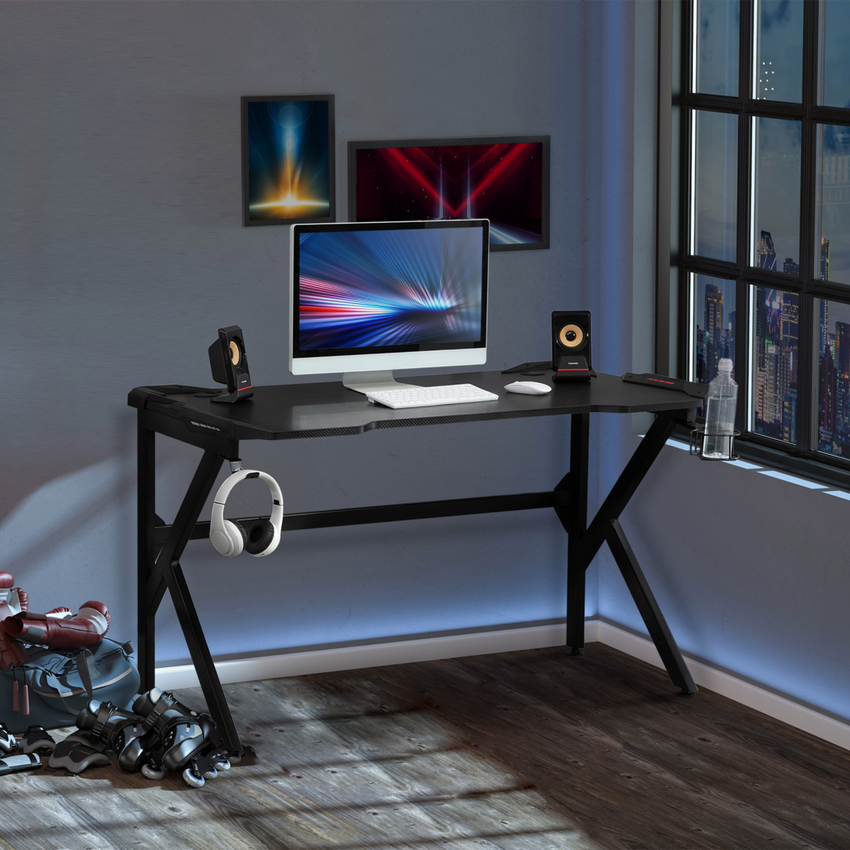 Gaming Desk with Cup Holder, Headphone Hook & Cable Management – 120cm