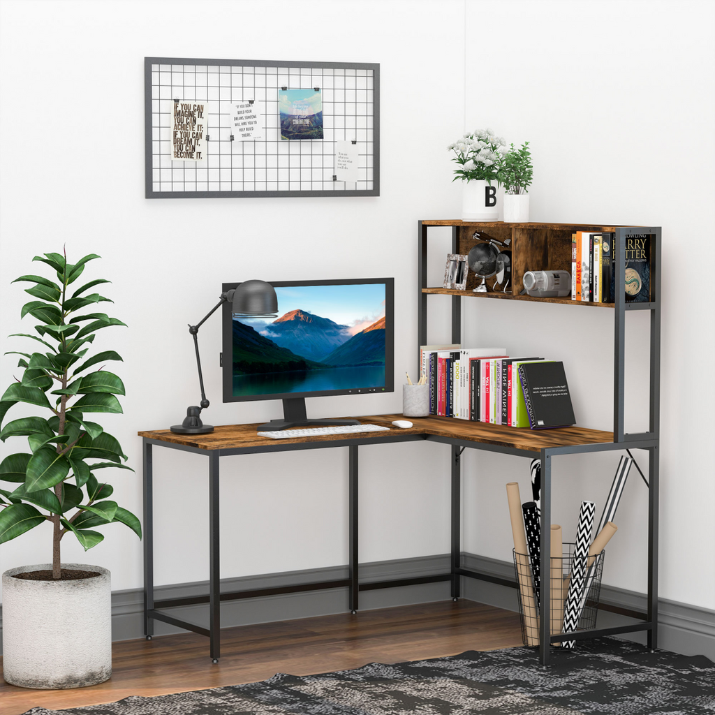 Industrial L-Shaped Corner Desk with Shelf - Brown & Black