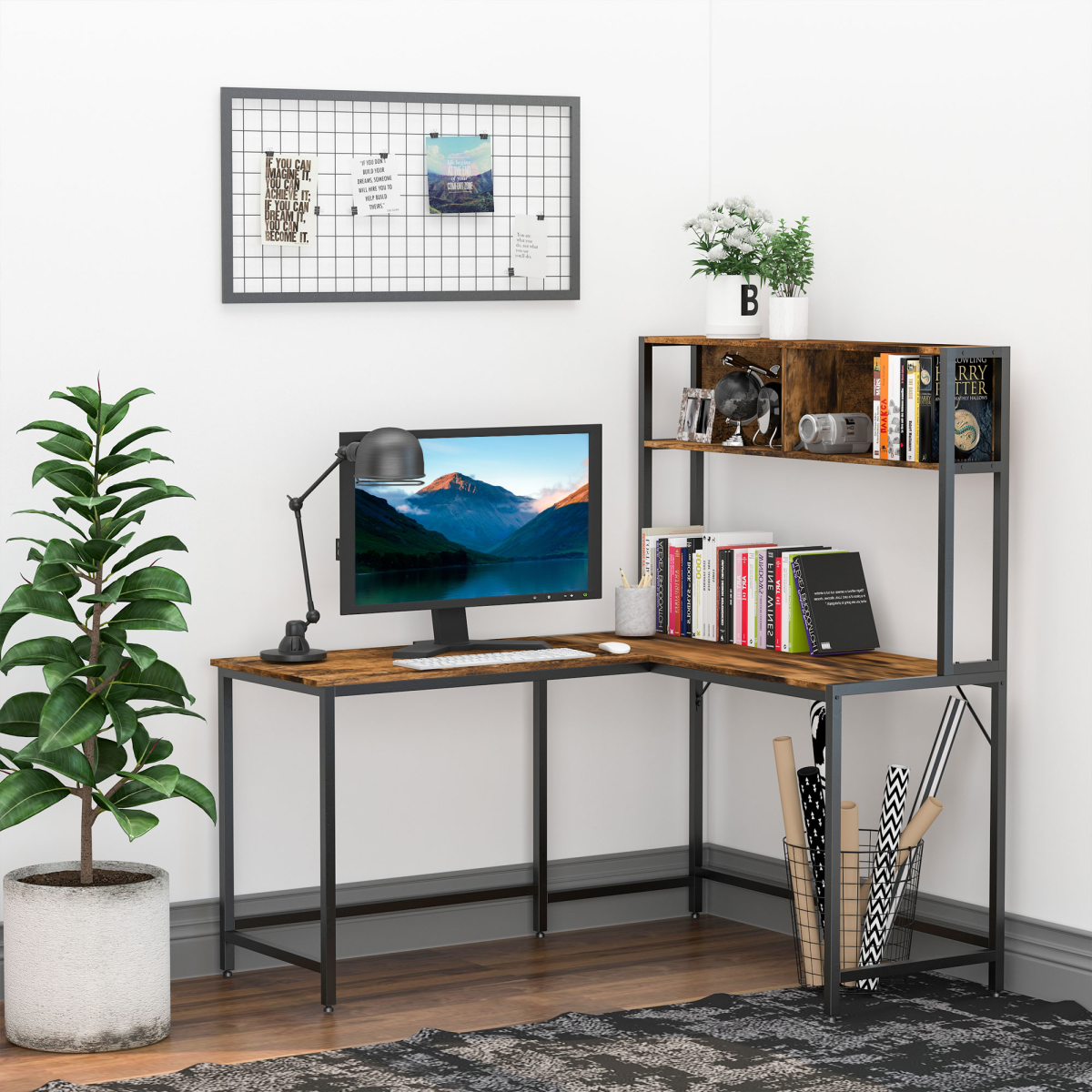 Industrial L-Shaped Corner Desk with Shelf - Brown & Black