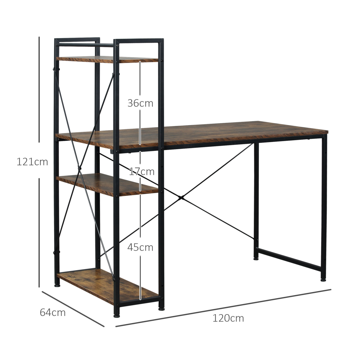 4‑Tier Bookshelf Computer Desk (Brown) - 120 cm