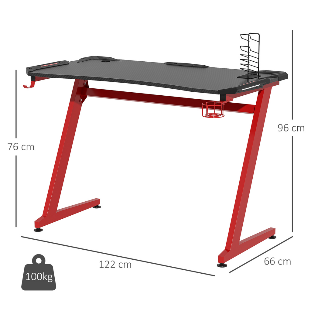Gaming Desk with Z‑Frame, Cup Holder & Headphone/Gamepad Hook (Black) - 122 cm