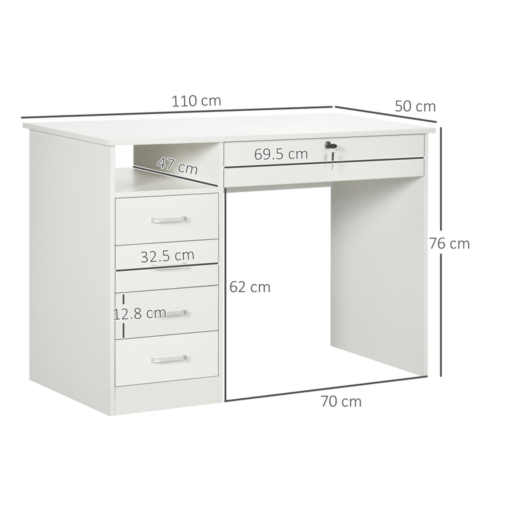 Computer Desk with 5 Drawers & Lockable Storage – White Home Office Workstation