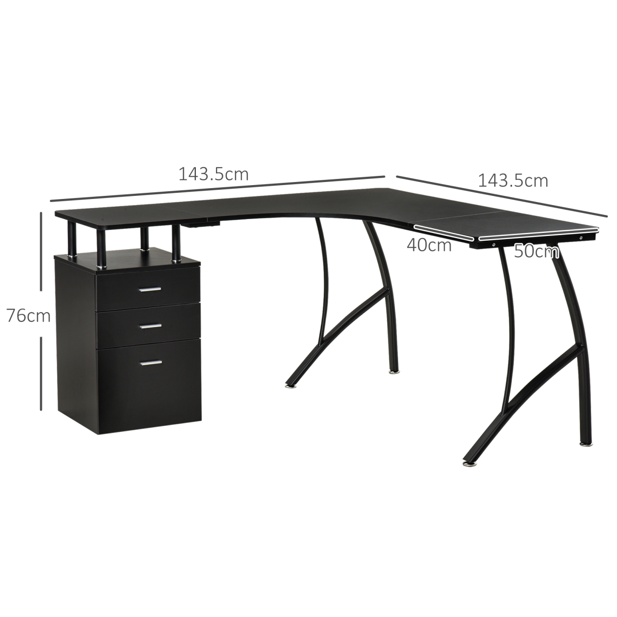 L‑Shaped Corner Computer Desk with 3‑Drawer Storage (Black)- 143.5 cm