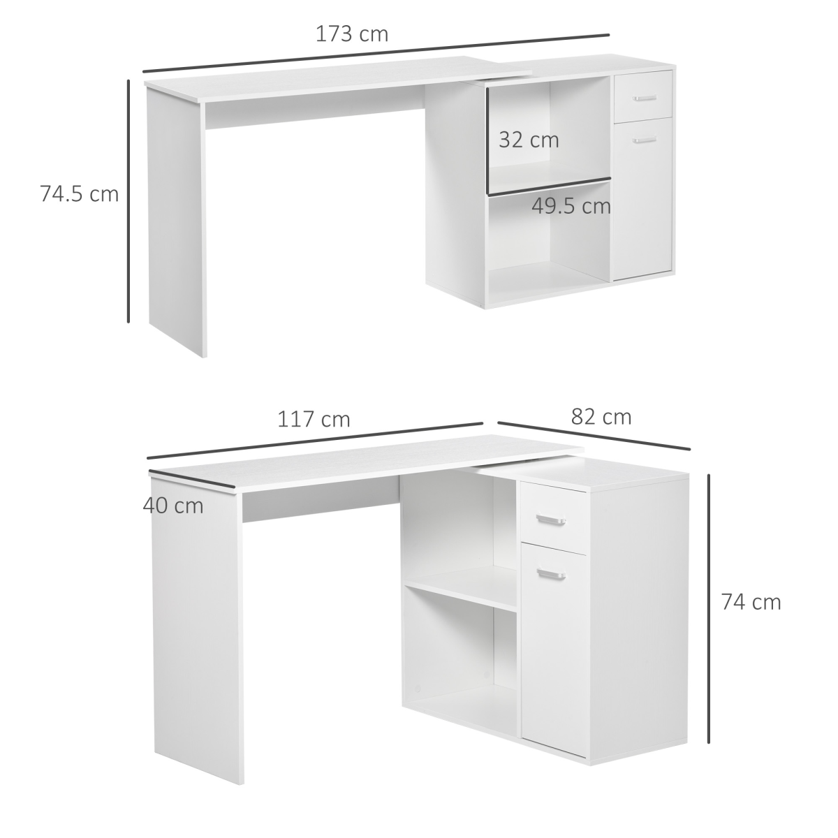 Convertible Workstation Desk with Drawer & Shelf (White) - 173 x 40 cm