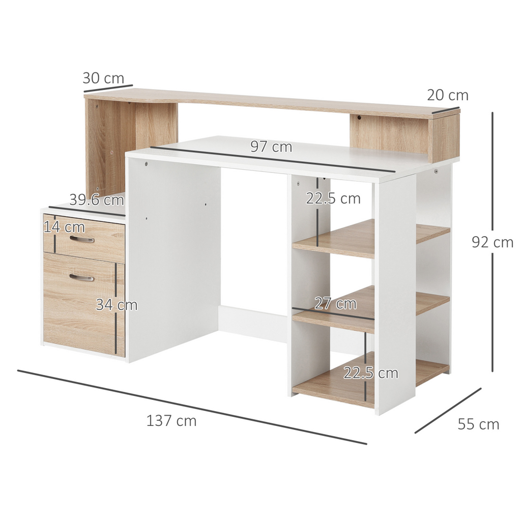 Multi‑Storage Workstation Desk with Shelves & Drawers (Oak) – 137×55 cm