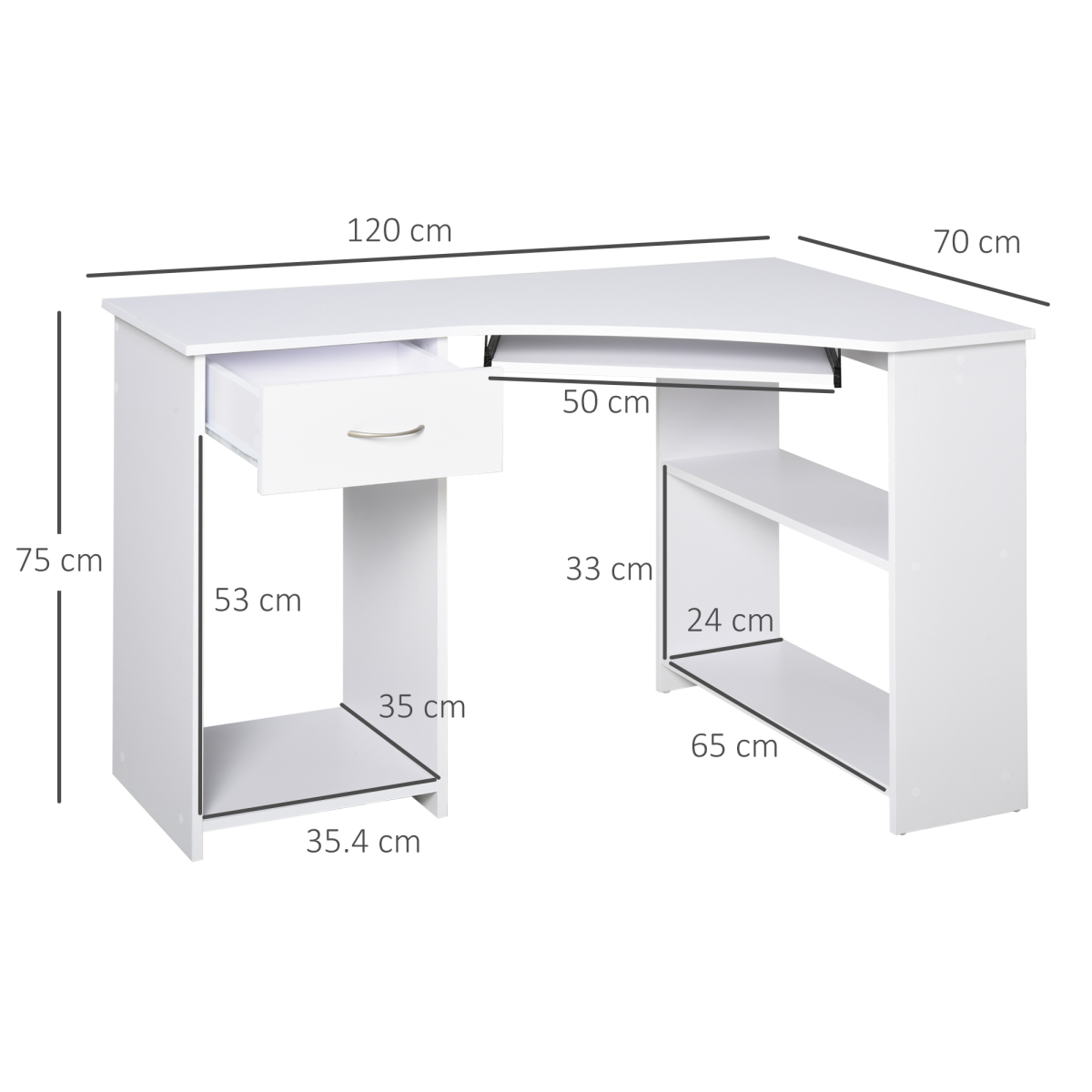 L‑Shaped Corner Computer Desk with Shelves, Drawer & Keyboard Tray (White) - 120cm