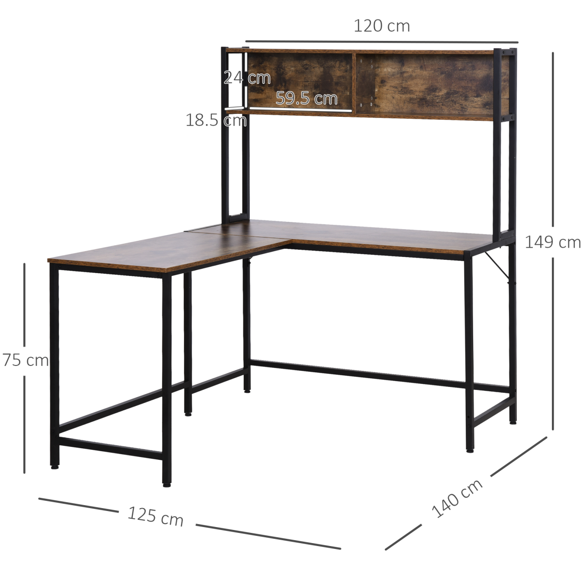 Industrial L‑Shaped Desk with Shelf (Brown & Black) – 149×140×125 cm