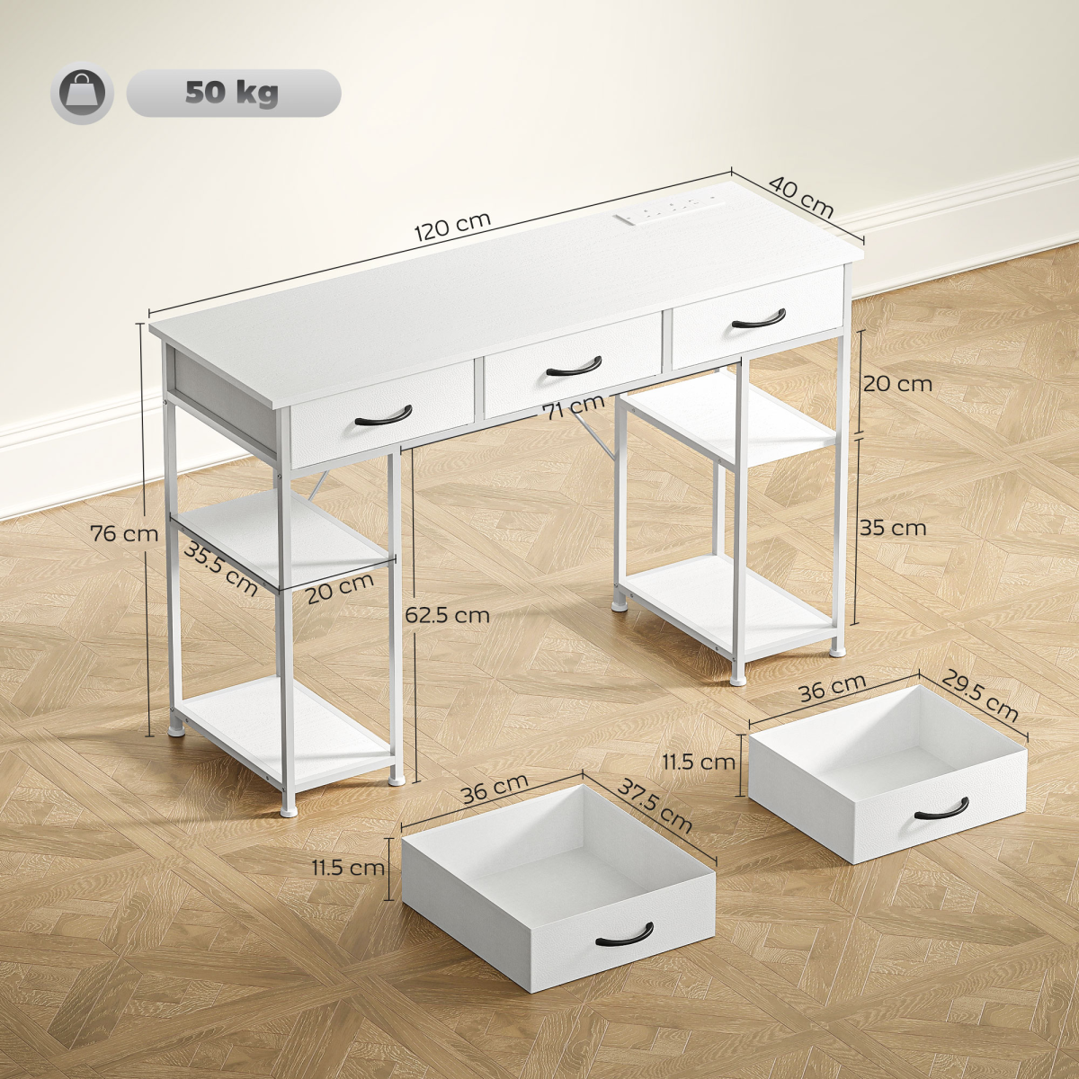 Workstation Desk with Power Outlets & Fabric Drawers (White) - 120×40 cm