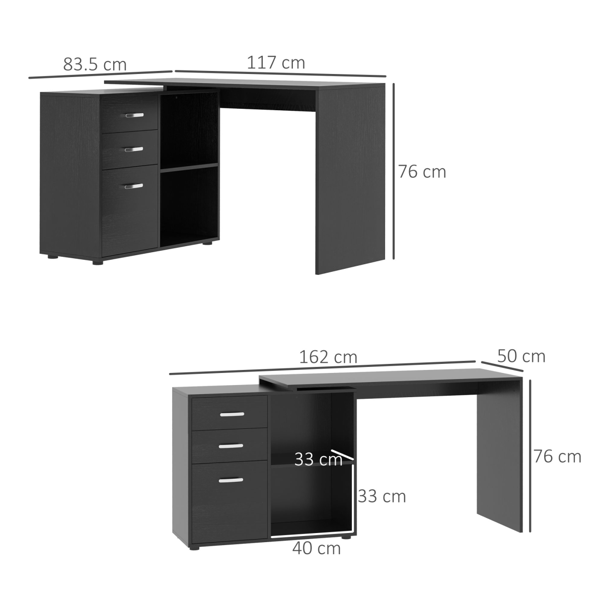 Convertible Workstation Desk with Drawer & Shelf (Black) - 162 x 50 cm
