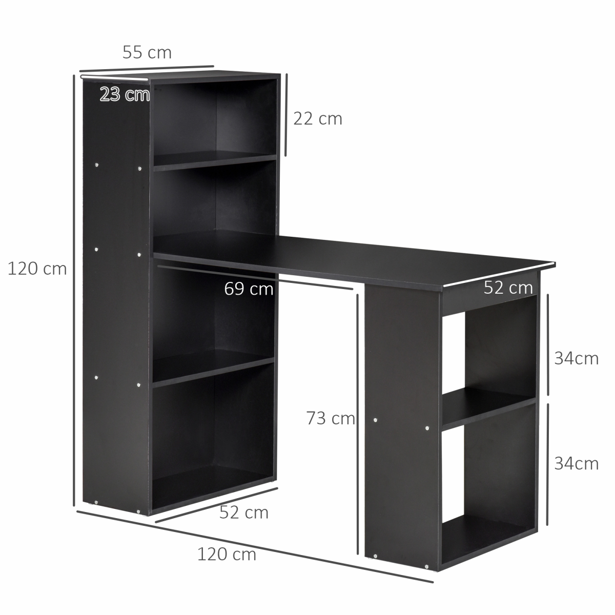 Computer Desk with 6‑Tier Storage Shelves (Black) - 120 cm