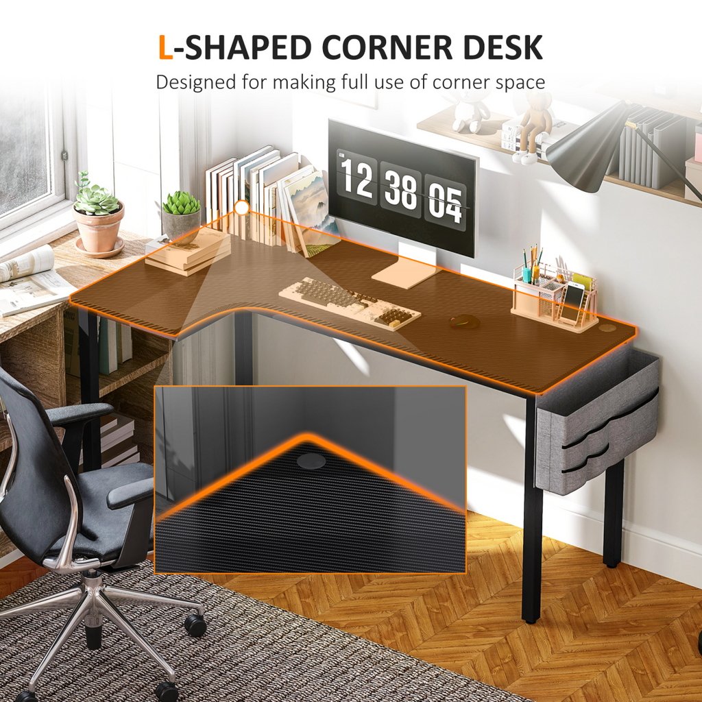 L‑Shaped Corner Desk with Storage Bag & Hooks  (Black) – 145×81 cm