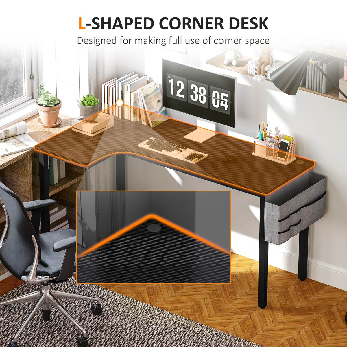 L‑Shaped Corner Desk with Storage Bag & Hooks  (Black) – 145×81 cm