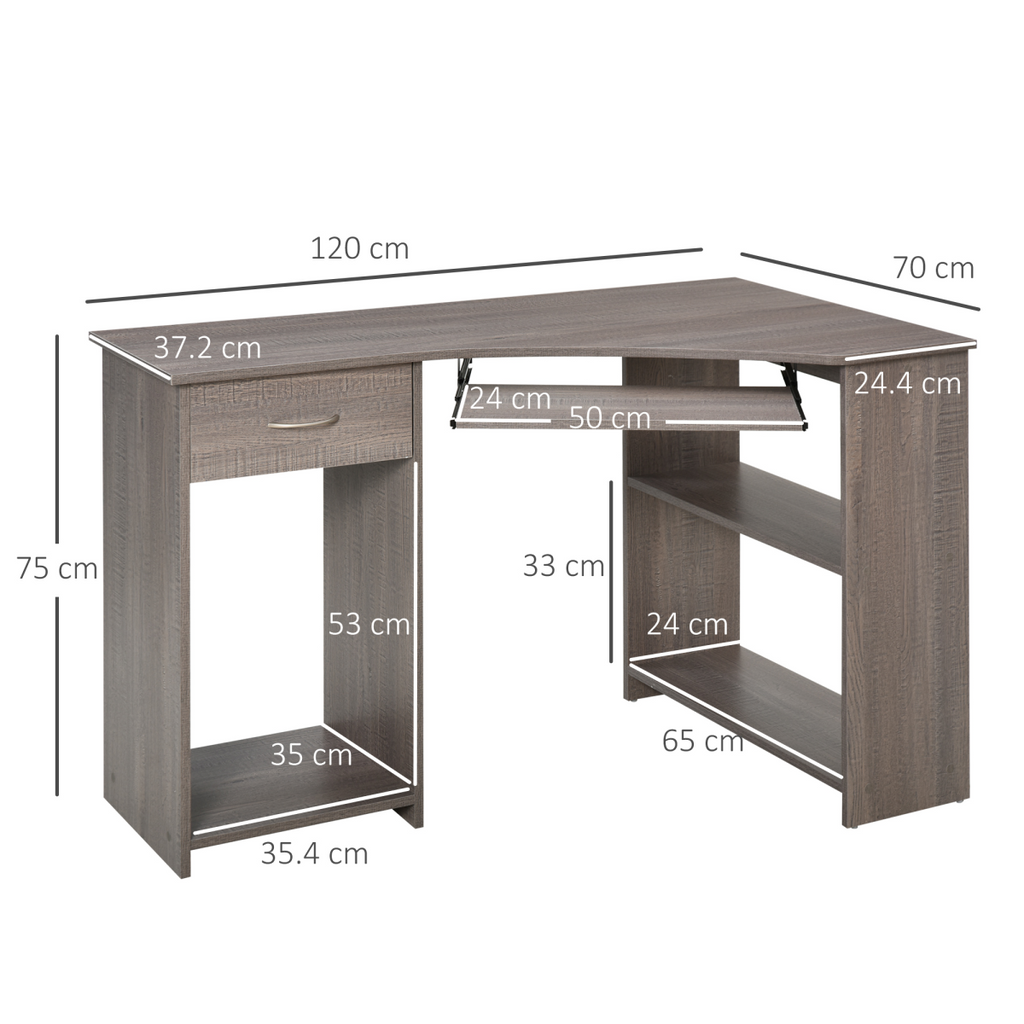 L‑Shaped Corner Computer Desk with 2‑Tier Shelves (Grey) - 120 cm
