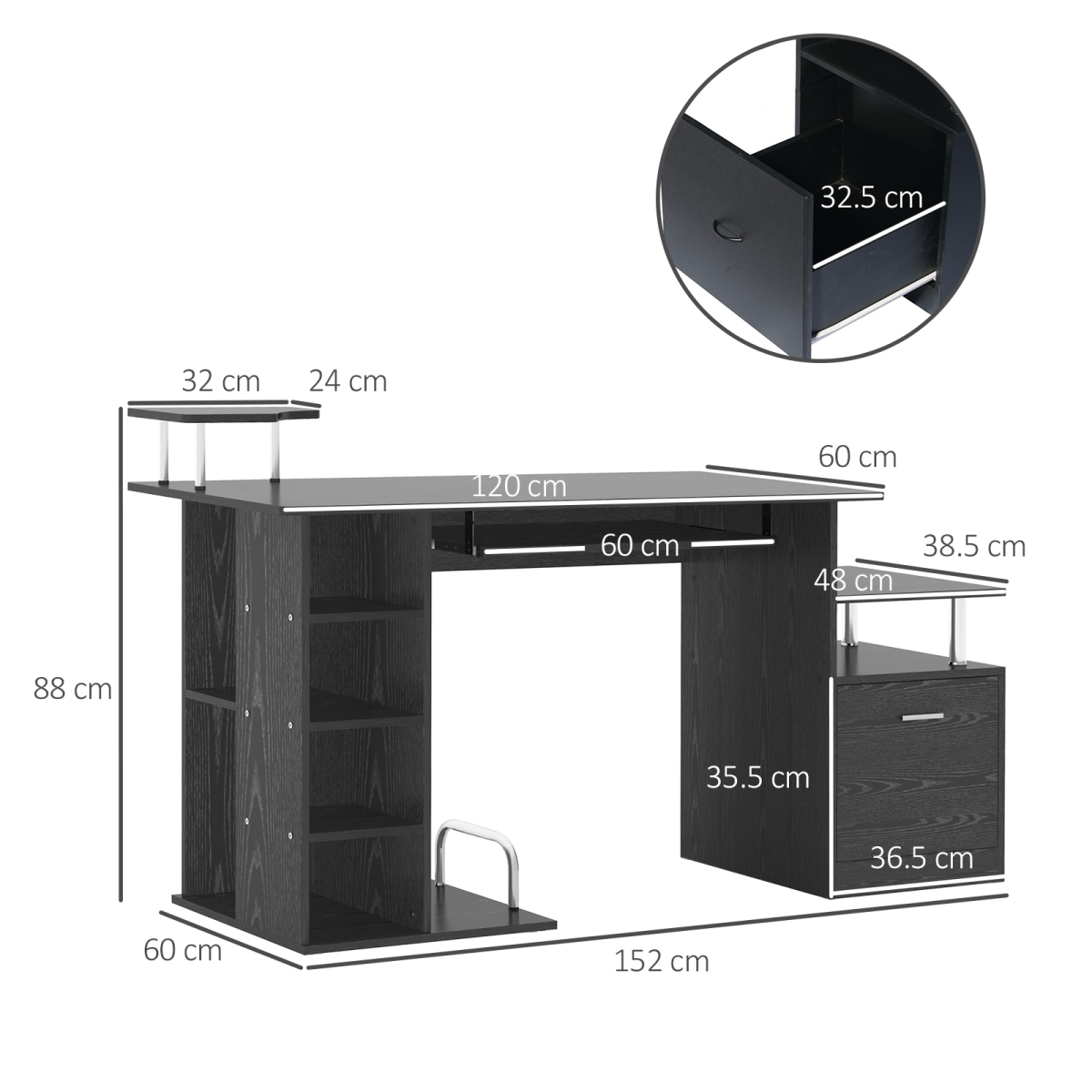 Wood Computer Desk with Drawer, Keyboard Tray & Storage Shelves – Home Office Workstation