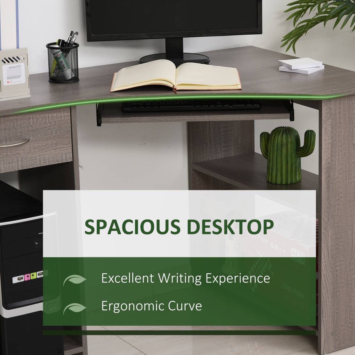 L-Shaped Corner Computer Desk with Storage Shelves & Keyboard Tray – Grey