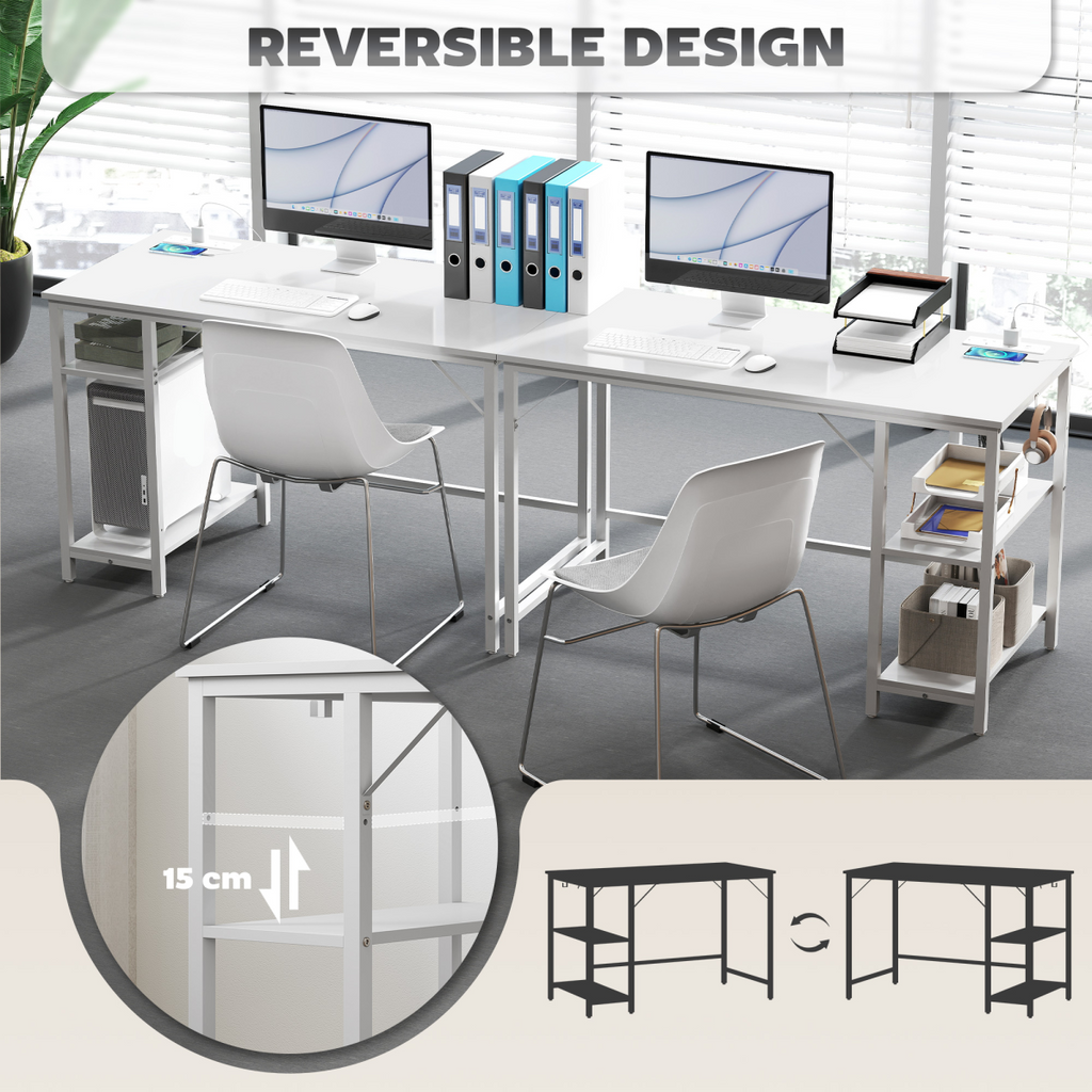 Home Office Desk with Power Outlets & Reversible Shelves (White) - 120×60 cm