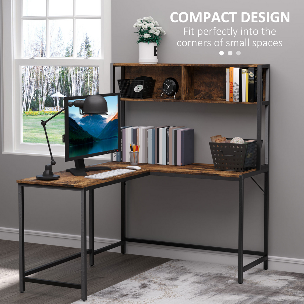 Industrial L-Shaped Corner Desk with Shelf - Brown & Black