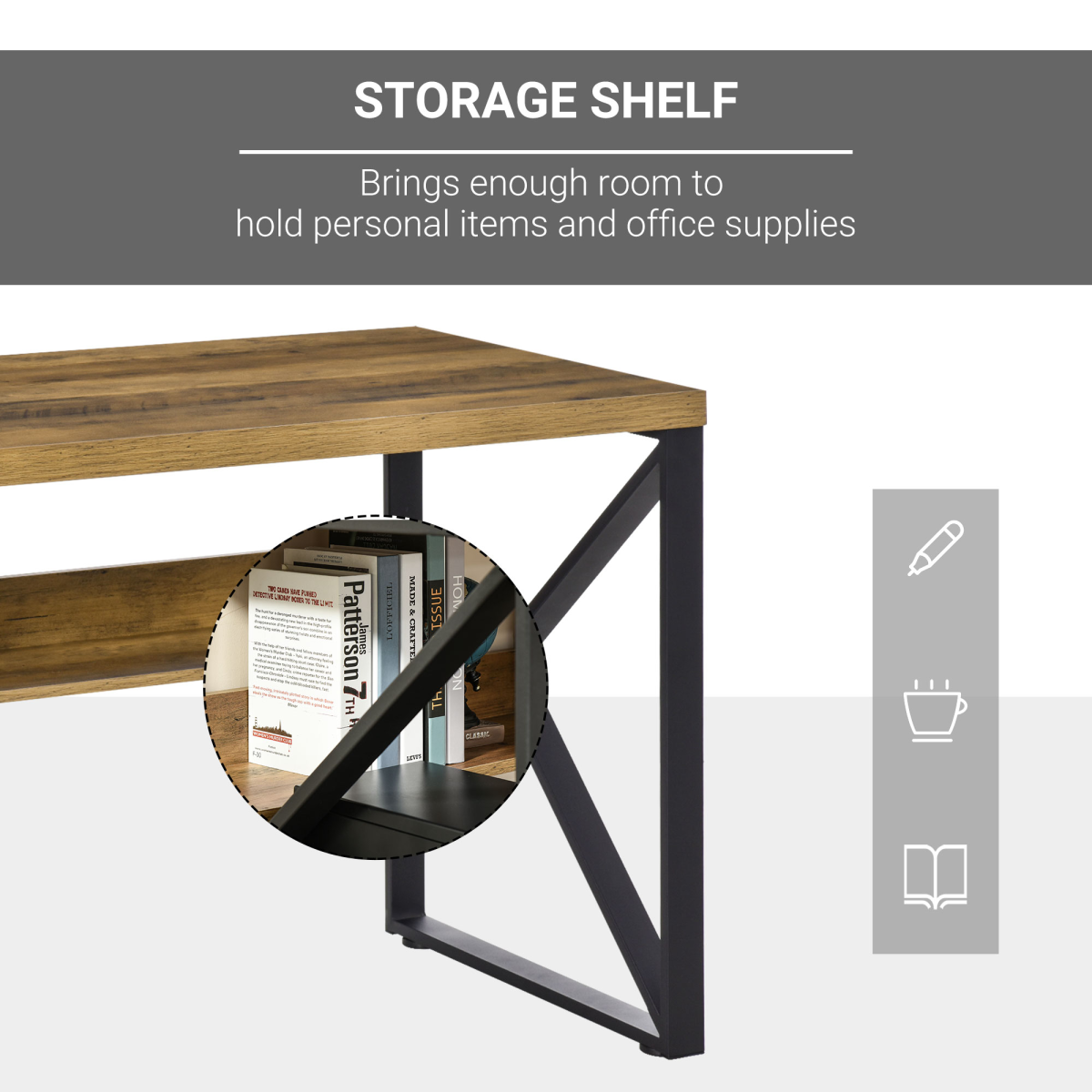 K‑Shaped Steel Computer Writing Desk with Storage Shelf (Brown) – 120 cm