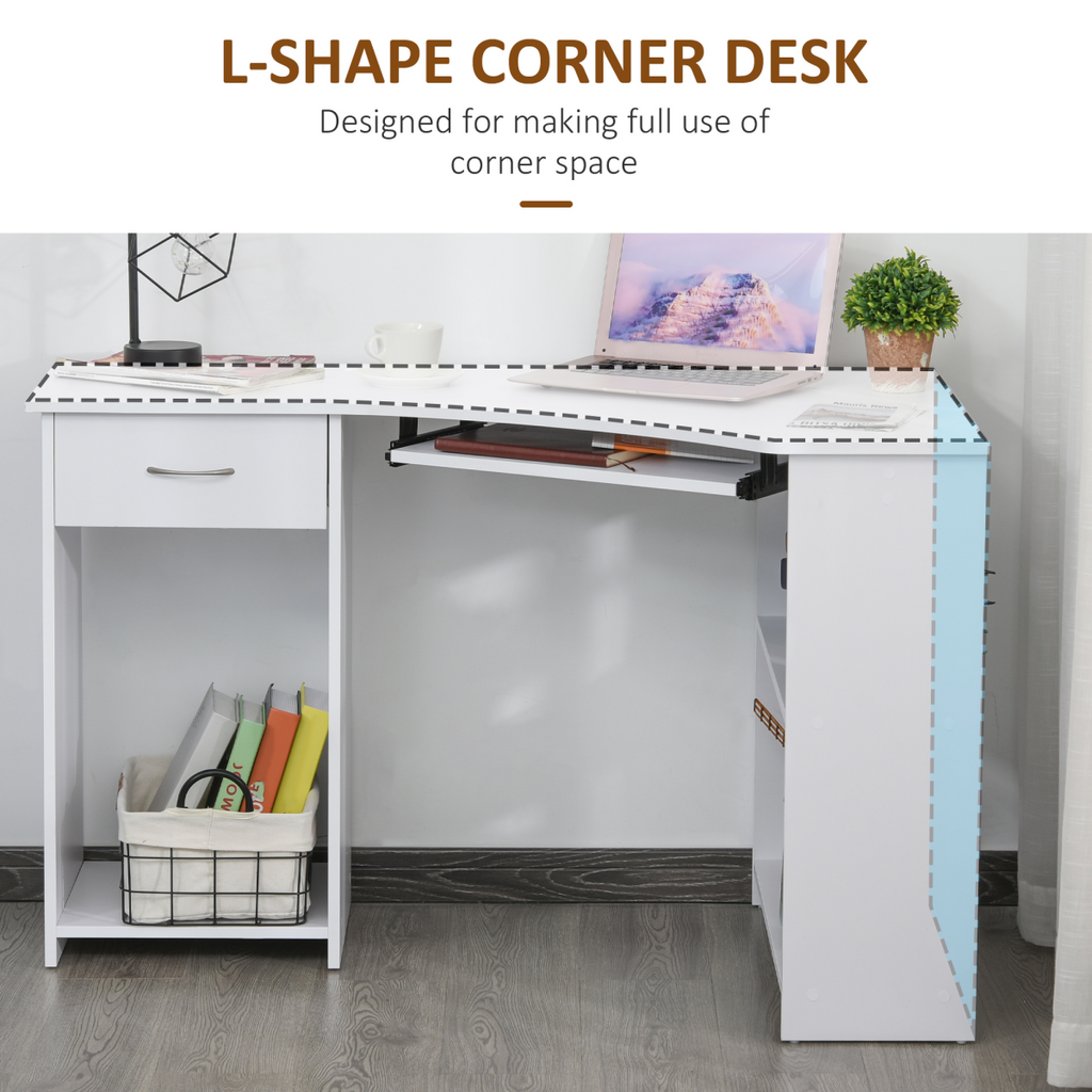 L-Shaped Corner Computer Desk with Shelves, Drawer & Keyboard Tray – White