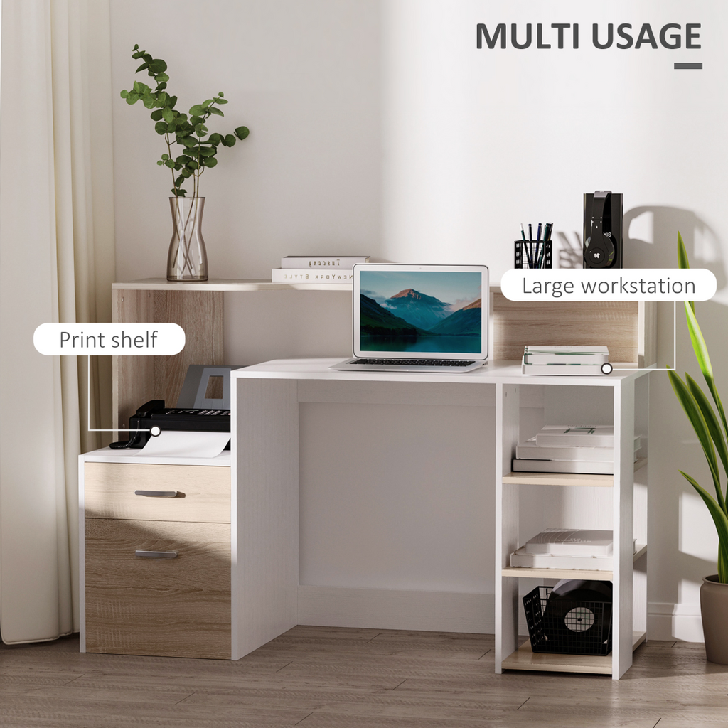Multi‑Storage Workstation Desk with Shelves & Drawers (Oak) – 137×55 cm