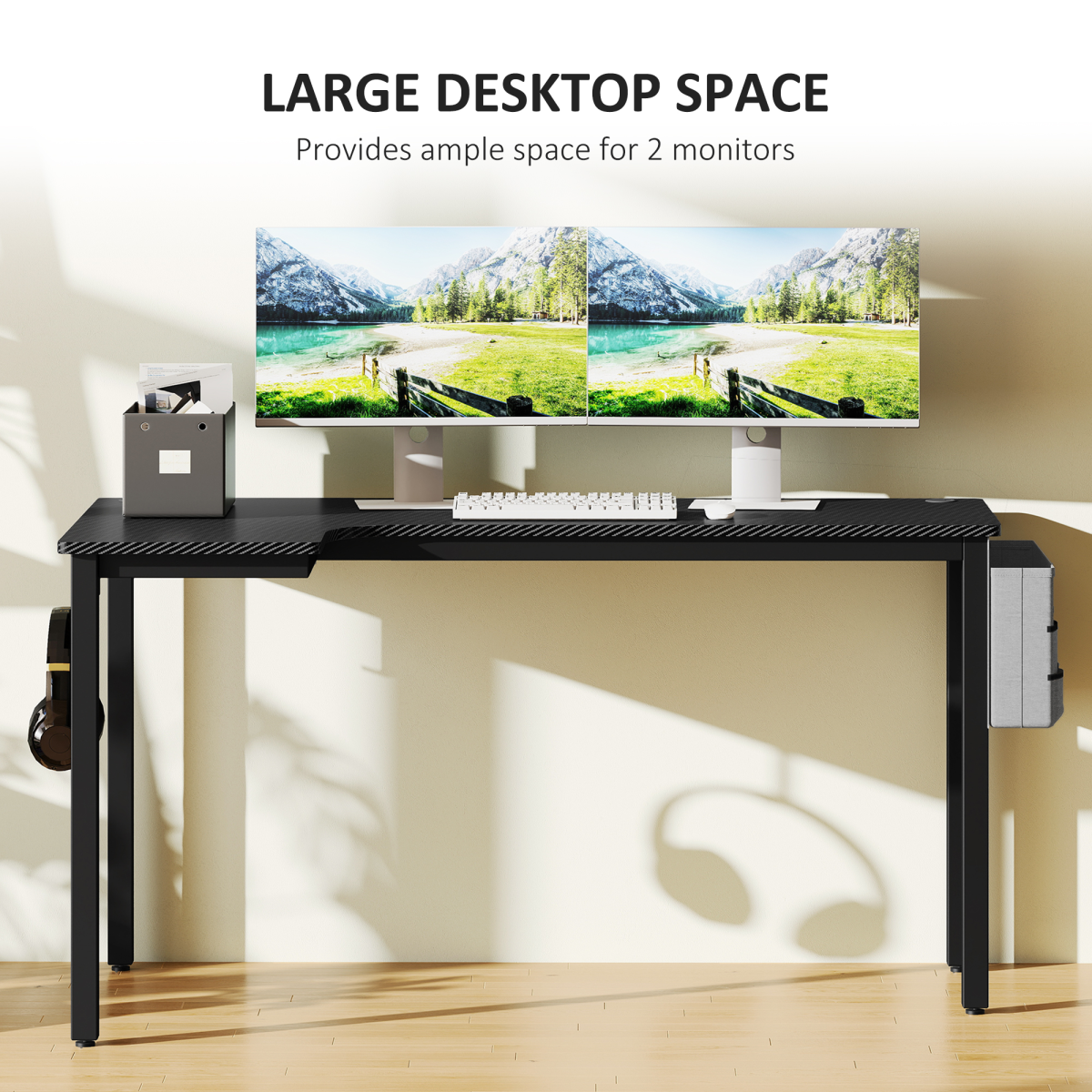 L‑Shaped Corner Desk with Storage Bag & Hooks  (Black) – 145×81 cm