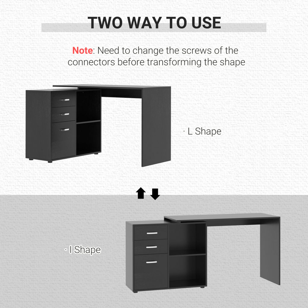 Convertible Workstation Desk with Drawer & Shelf (Black) - 162 x 50 cm