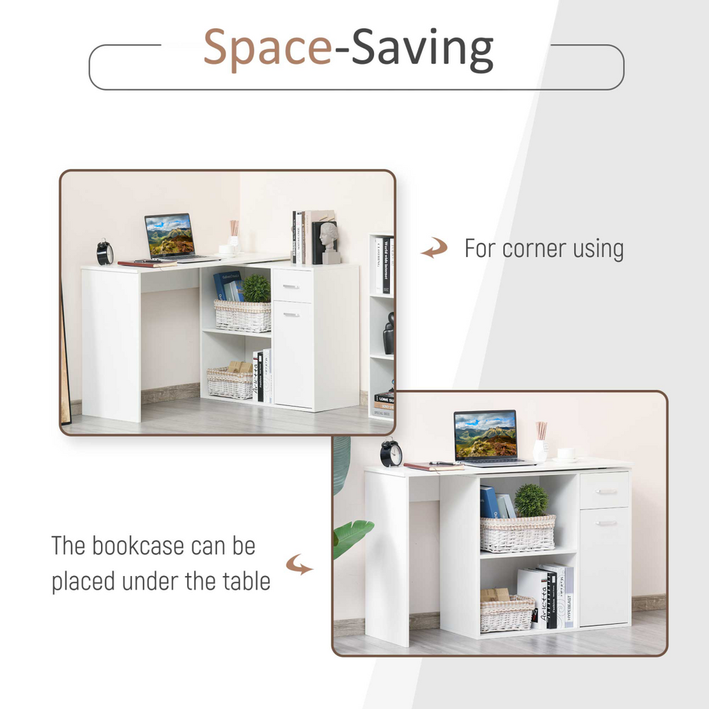 Convertible Workstation Desk with Drawer & Shelf (White) - 173 x 40 cm