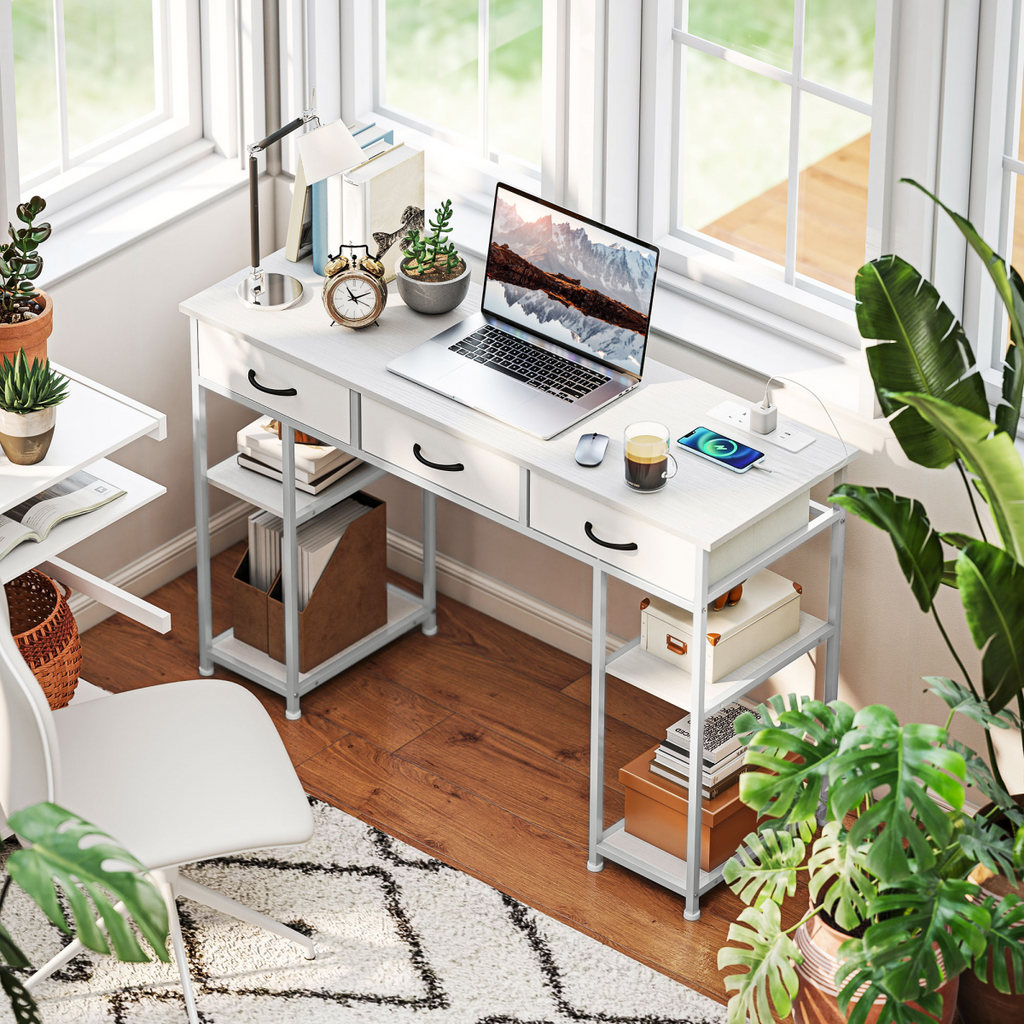 Workstation Desk with Power Outlets & Fabric Drawers (White) - 120×40 cm