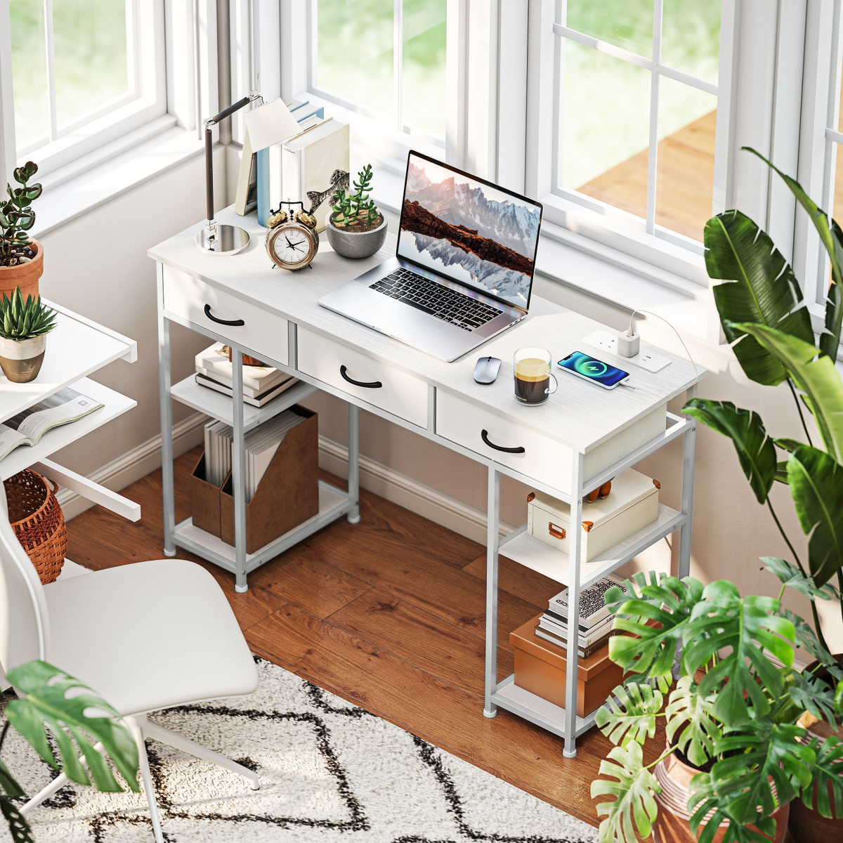 Workstation Desk with Power Outlets & Fabric Drawers (White) - 120×40 cm