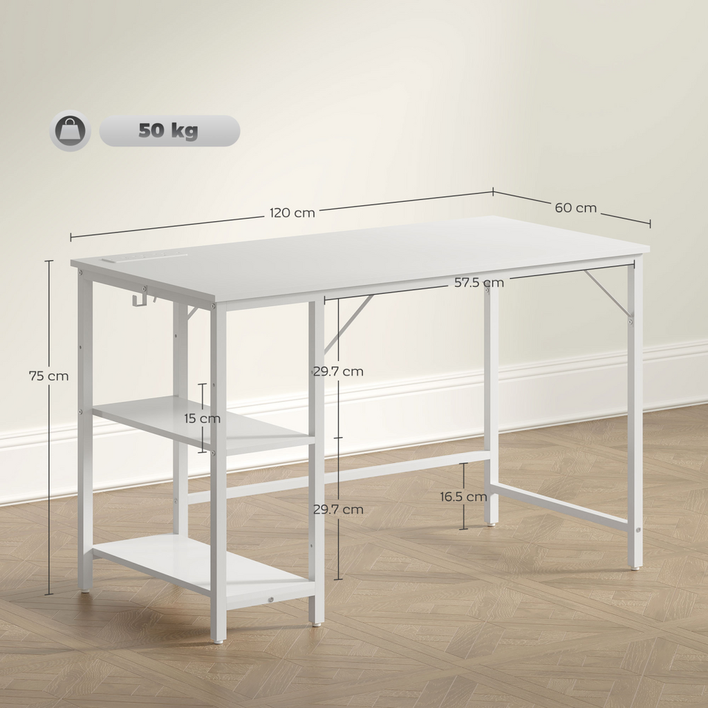 Home Office Desk with Power Outlets & Reversible Shelves (White) - 120×60 cm