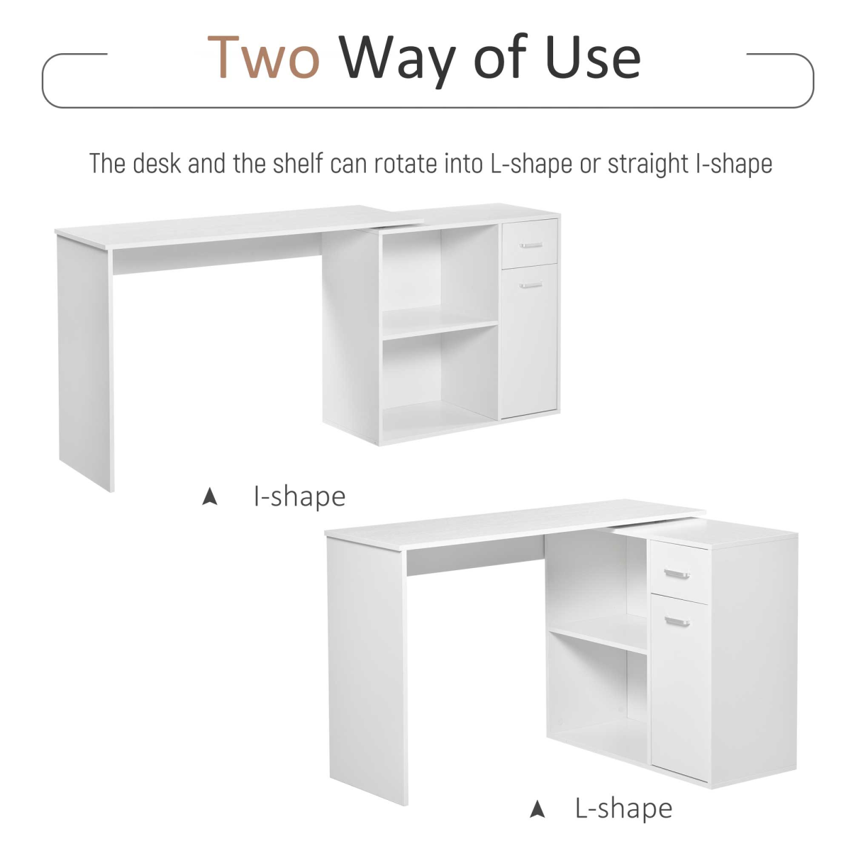 Convertible Workstation Desk with Drawer & Shelf (White) - 173 x 40 cm