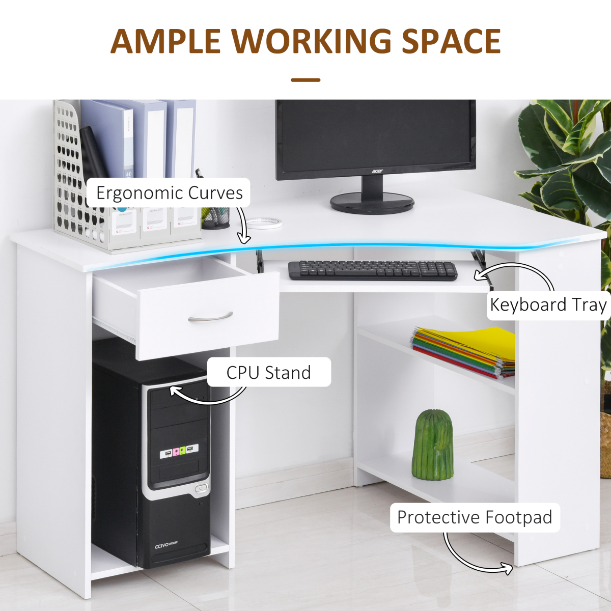 L-Shaped Corner Computer Desk with Shelves, Drawer & Keyboard Tray – White